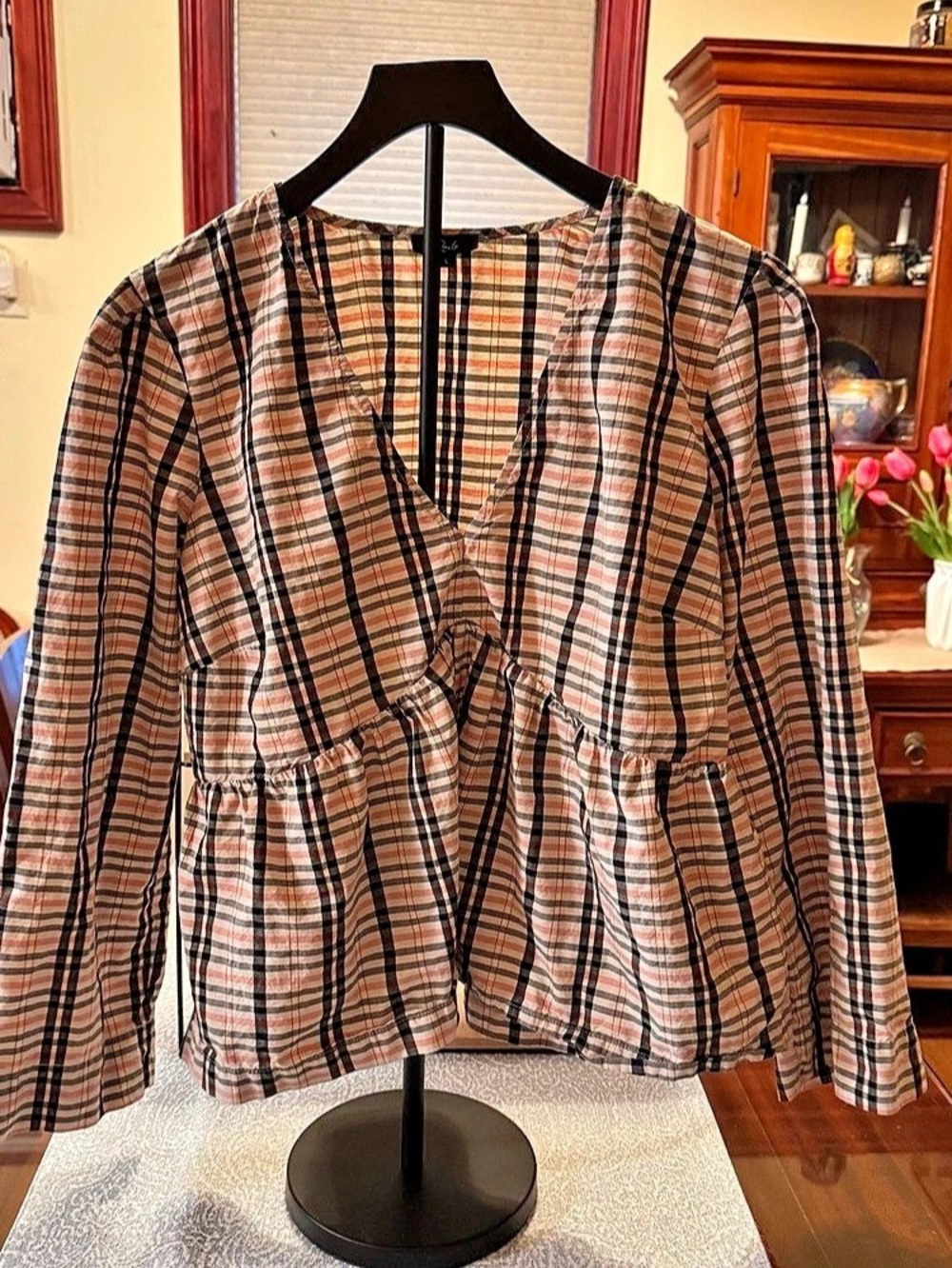 Rails Noella Top Plaid Peplum Blouse Pink & Black Size Large